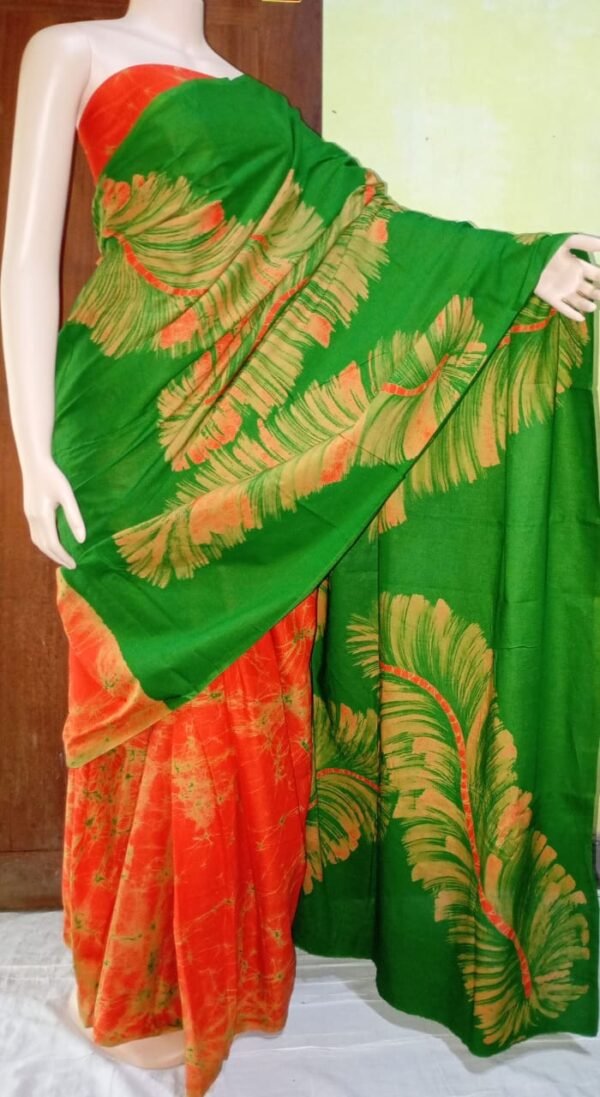 GREEN WITH ORANGE COLOUR MIXED BATHIK SAREE/බතික් සාරි